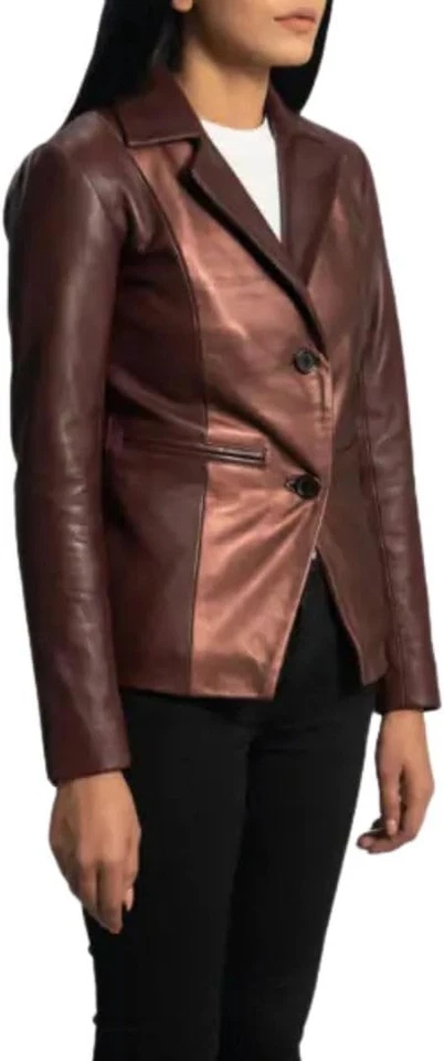 Classic Fitted Ruby Metallic Maroon Leather Blazer, Real Sheepskin Aniline Coat - Image 3 of 4