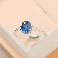 Natural Blue Sapphire Wedding Ring 925 Sterling Silver Ring Oval Cut Gemstone