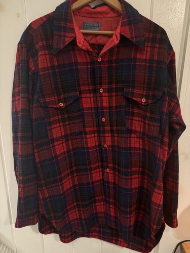 Vintage 70s Pendleton Virgin Wool Plaid Flannel Button-Up Shirt L/XL