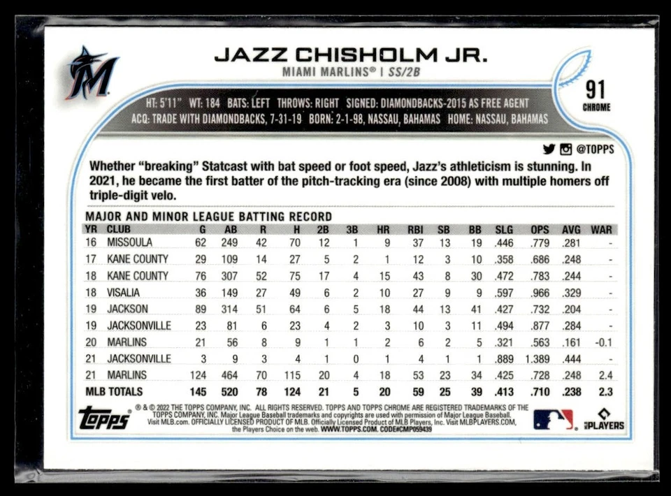 2022 Topps Chrome Prism Refractor #91 Jazz Chisholm Jr. - Image 2 of 2