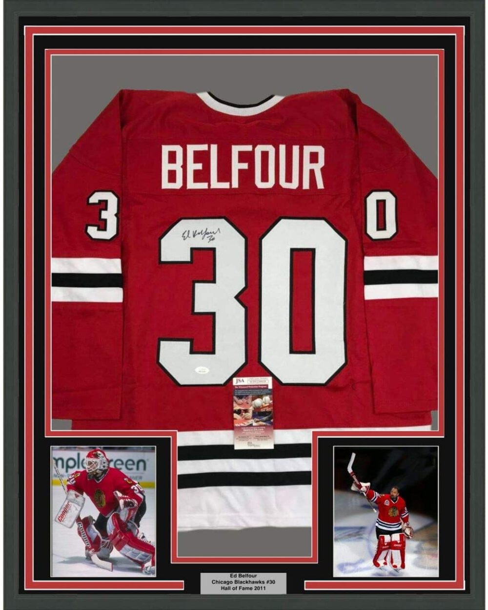 Ed Belfour Autographed Signed Chicago Blackhawks Framed / 35x39 Chicago Red Hockey Jersey JSA COA 