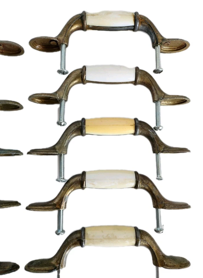 Vintage Brass & White Ceramic Drawer Pulls 3" Center Cabinet Handles Lot of 10 - Image 3 of 4