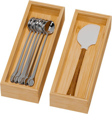 Bamboo Drawer Organizer for Kitchen Utensils, 2 Pack Stackable Cutlery