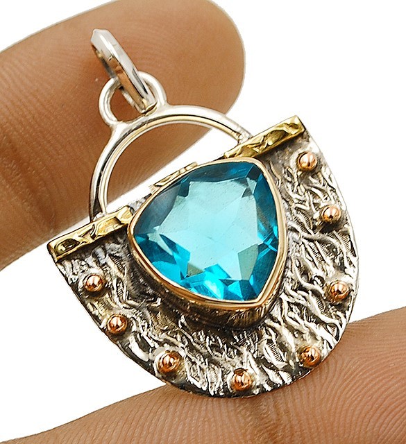 Natural Three Tone 4CT Flawless Blue Topaz 925 Sterling Silver Pendant @5-3