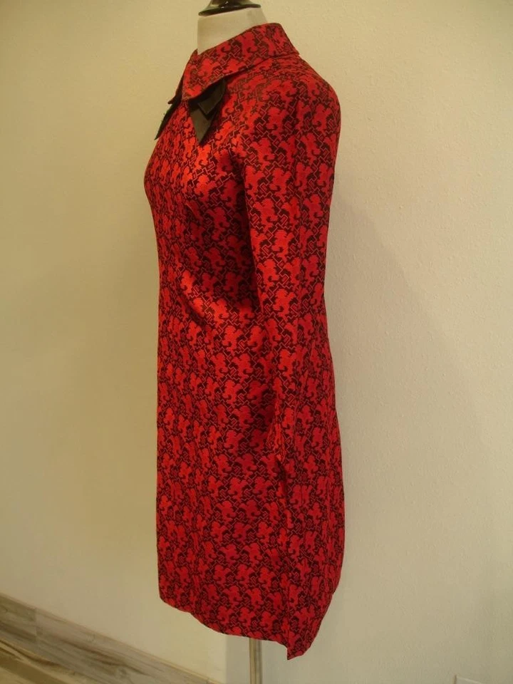 Women's S M Vtg 1960's Adele Simpson Red Black Brocade Dress Bow Union Made USA - Image 2 of 4