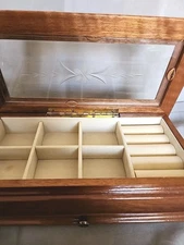 Gorgeous Wood Jewelry Box for Christmas. Etched Glass Hinged Lid  Markings.