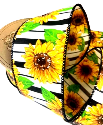 Sunflower Black White Ladder 2.5" by 5 yd d. Stevens Wired Ribbon Country Summer - Image 1 of 4