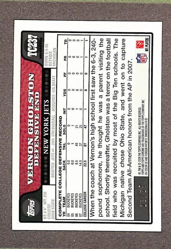 2008 Topps Chrome #TC237 Vernon Gholston Rookie RC Red Refractor SP #/25 - Jets  - Image 2 of 3