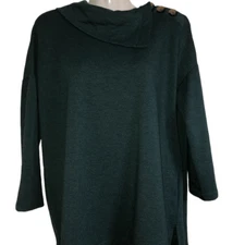 Tahari top L popover loden green shoulder button deco career office boxy shirt