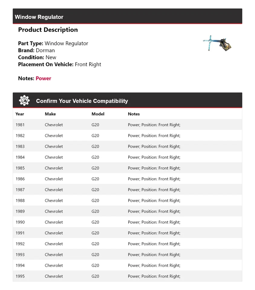 Regulador de ventana delantero derecho Chevrolet G20 Dorman 1981-1995 1982 1983 1984 Foto 2 de 4