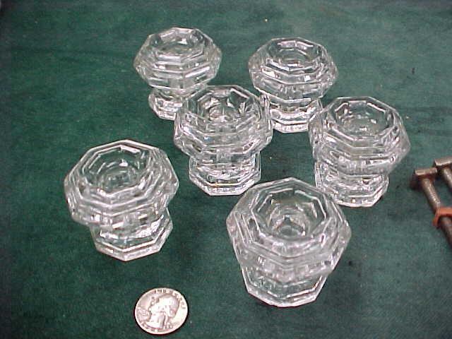 SET 6 ANTIQUE 19th CENTURY GLASS FURNITURE KNOBS 1860-1890 OCTAGON STEPPED TOPS