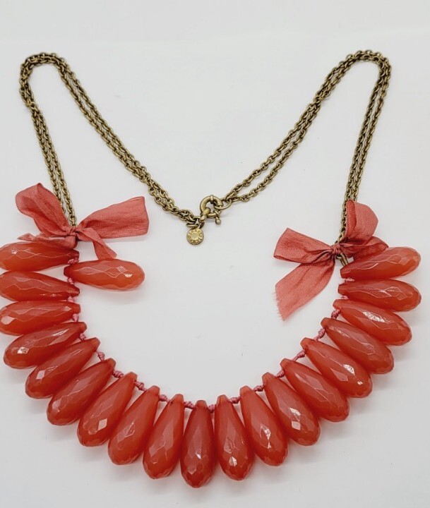 J Crew Necklace Watermelon Lucite Dangle Gold tone ribbon Accent 24 in