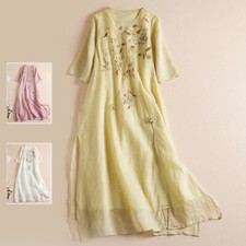 Women Embroidery Vintage Style Dress Half Sleeve Side Slit Chinese Casual Summer