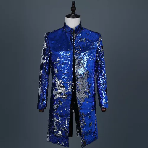 Men Reversible Two Tone Sequin Longline Jacket Suit Blazer Cabaret Carnival Tops - Picture 14 of 21