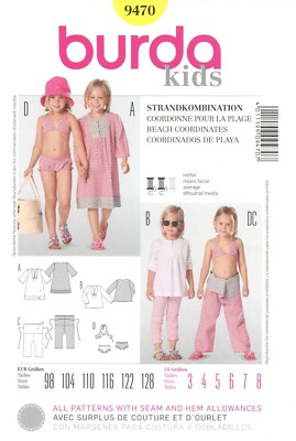 Burda 9470 Bikini, Beach Dress & Tunic w Plastron, Foldover Pants Sz 3-8 UNCUT