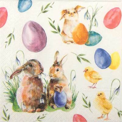 4x einzelne Papierservietten für Decoupage und Party - Osterhasen mit Huhn
