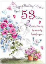 Doodlecards 53rd Birthday Card Age 53 for Her Garden Wheelbarrow Bouquet