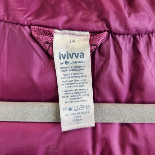 Ivivva Jacket Girls 14 Pink Down Puffer Coat By Lululemon Hide Away Hood Quilted - Picture 11 of 17