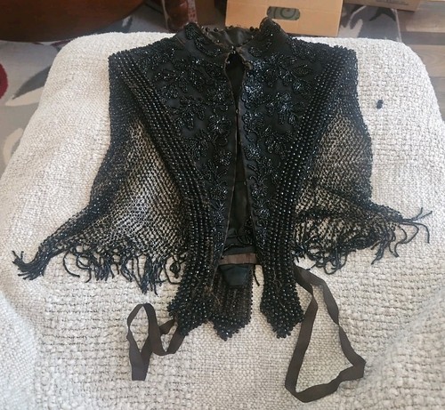 Vtg  Antique Victorian Black Beaded Silk Mourning Dress Collar Cape Necklace
