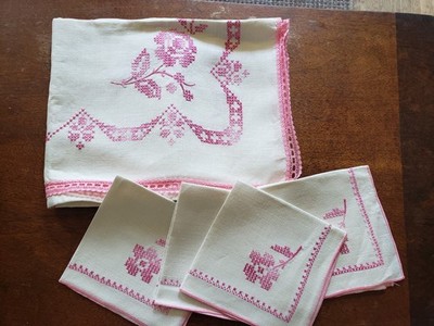 Vintage Small Square Tablecloth, Four Dinner Napkins, Pink Floral Crosstitch