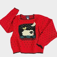 Vintage Woolrich Sheep Moon Novelty Knit Wool Sweater Red Black - Women  s Medium