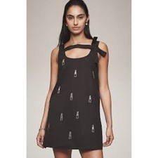Anthropologie Maeve Beaded Lipstick Bow Shift Mini Dress Black XS NWT Lined