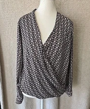 Pleione Women's Faux Wrap Blouse Top Long Sleeve Navy/pink Geometric Print Sz S