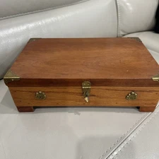 Solid Wood Box Brass Lock Corners Keepsake Trinket Jewelry Hinged Lid 12x7.5”