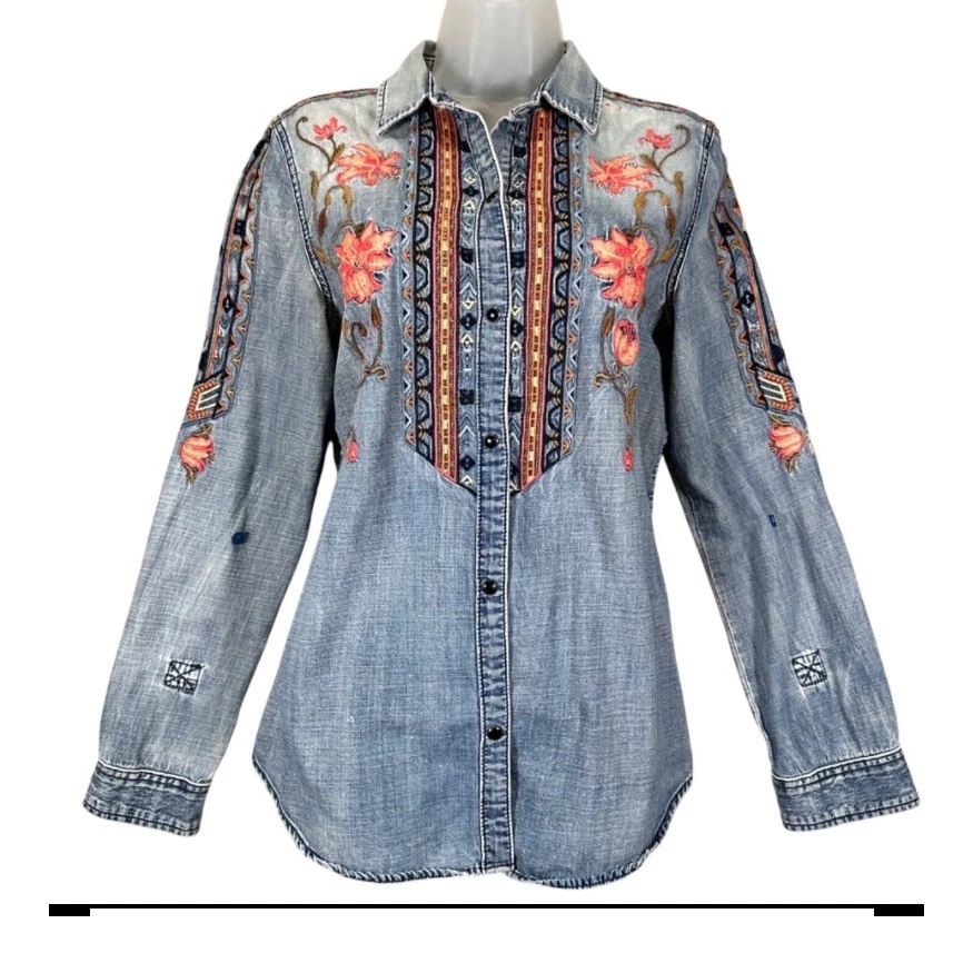 Driftwood Floral Embroidery Distressed Denim Western Shirt Womens Medium Country - Image 3 of 4