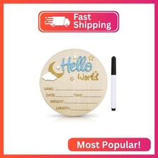Baby Announcement Sign, 5.9 Inch Wooden Hello World Newborn Signs, Birth Announc