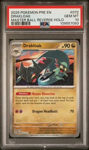 2025 Pokemon Drakloak Master Ball Reverse Prismatic Evolutions 072/108 PSA 10