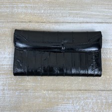 Genuine Eel Skin Black Wallet Clutch Checkbook Pen Holder Card Slots Lightweight