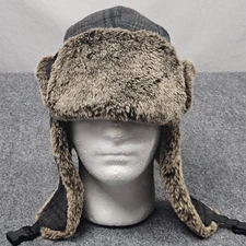 Dockers Trapper Hat Faux Fur Lined Gray Plaid Wool Blend Winter Ear Flap Cold