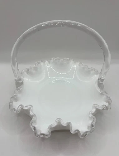 Vintage Fenton Milk Glass Basket Clear Handle Ruffled Lace Edge 7" Art Glass