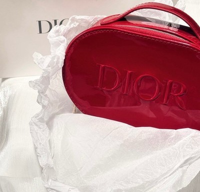 Dior Red Patent Makeup Bag Cosmetic Case with Handle and Zipper Closure