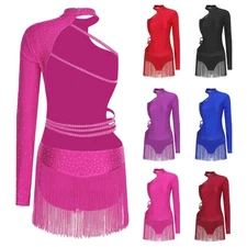 Womens Bodysuit Strappy Jumpsuit Dancewear Leotard Cha-cha Dress Long Sleeve