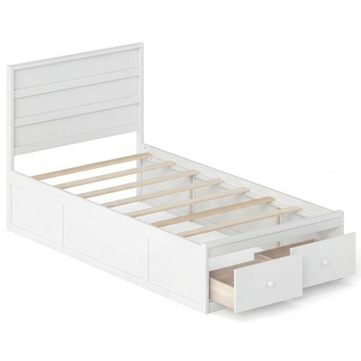 Twin Size Bed Frame w/Storage Drawers,Headboard,Wooden Slat&Enclosed Base,White