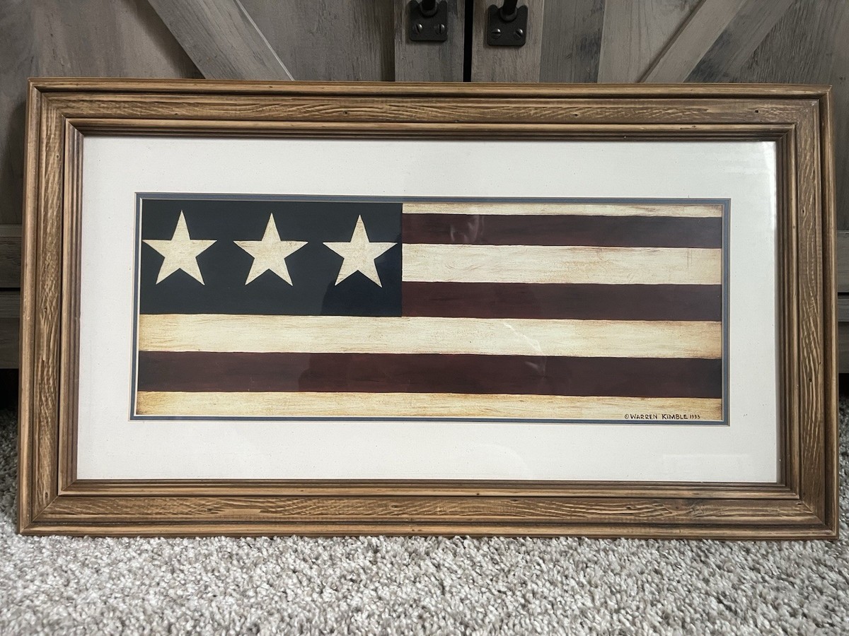 Vintage 1993 WARREN KIMBLE AMERICAN FLAG MATTED Wood FRAME ART
