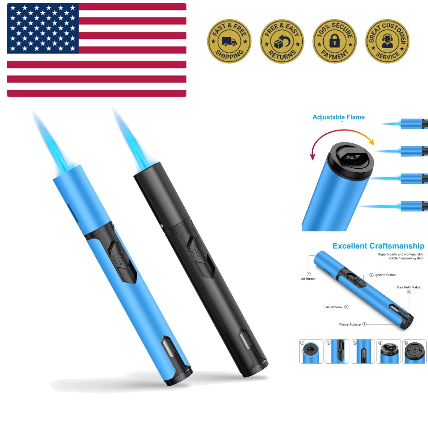 S 2 Pack Adjustable Jet Flame Butane Lighter, Refillable Gas Tor...