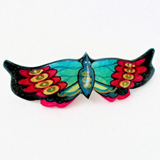 Vintage French Butterfly Hair Barrette Hand Painted Peacock Eye Teal Pink 3.5"
