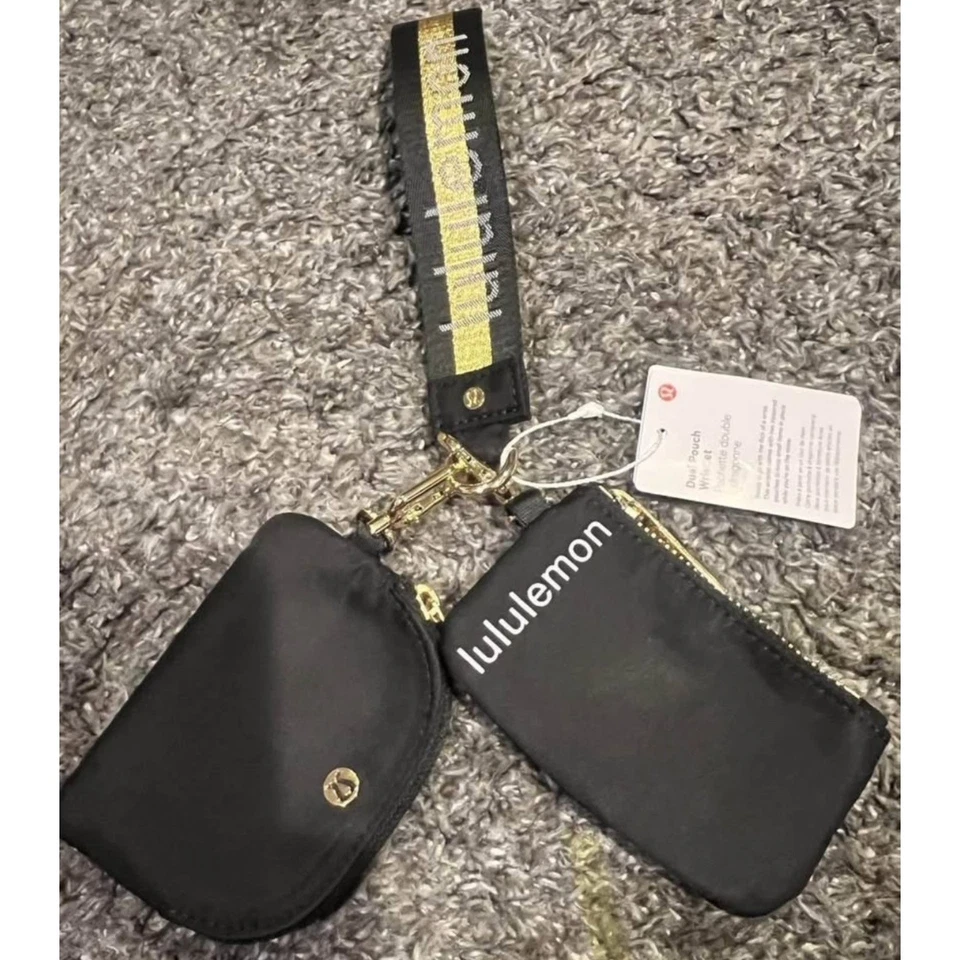 Lululemon Doble Bolsa Muñequera Billetera Accesorio Llavero Bolso Negro y Dorado Foto 2 de 4
