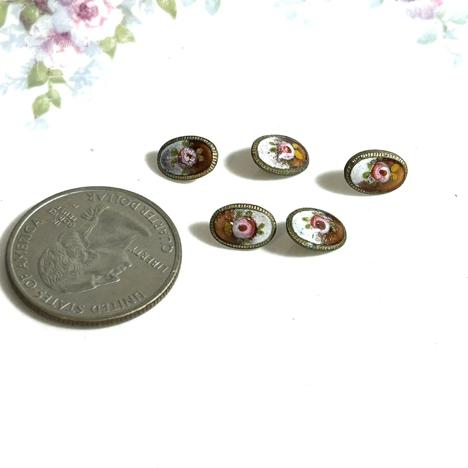 "Antiguos botones victorianos esmaltados a mano lote de 5 respaldos de latón florales 3/8""" Foto 3 de 4