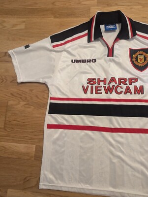 Maillot Vintage Manchester United 1997-99 Umbro - Extérieur Taille M - Blanc à Col Officiel