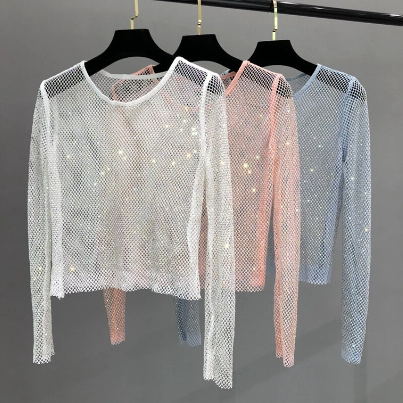 Women Crystal Mesh Blouse T Shirt Sparkly Glitter Shiny See