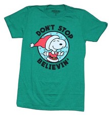 Peanuts Adult New T-Shirt -Don't Stop Believin' Snoopy Christmas Santa Pic