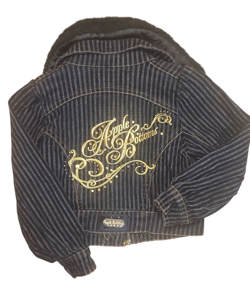 Chaqueta Bomber Niñas Parte Inferior de Manzana Y2K Negra Dorada Rayas Cuello de Piel Sintética Logo Talla 4 Foto 2 de 4