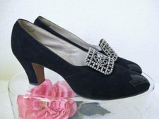 Vintage 1920's Black Suede Pumps Cut Steel Buckle 6.5 Cuban Heel Marshall Field