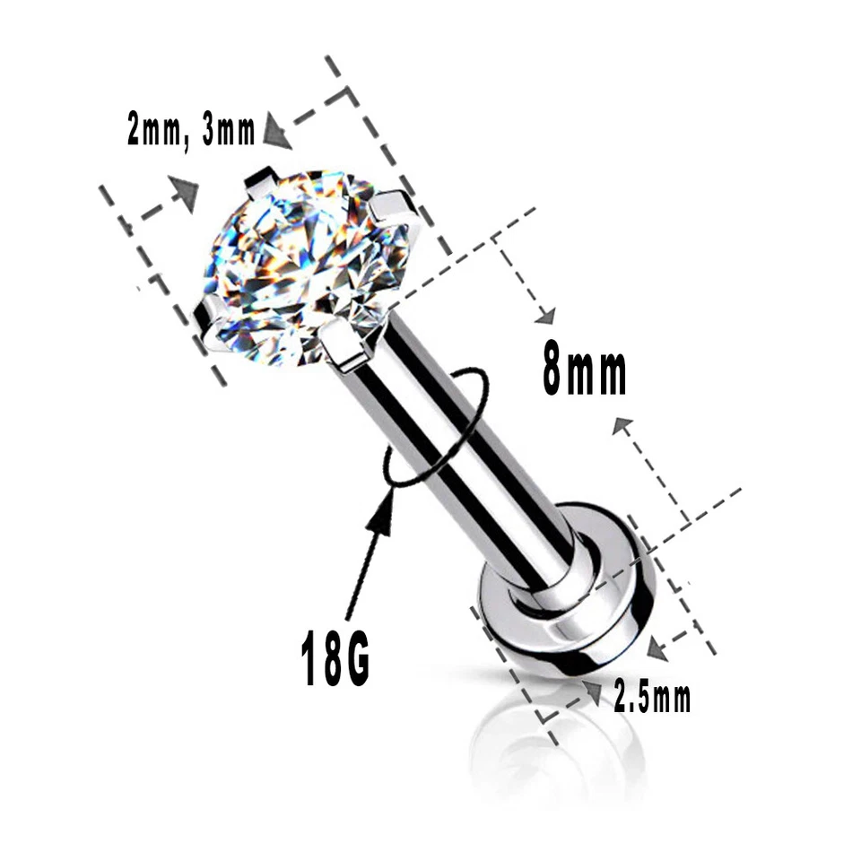 18G Flat Back Labret Nose Studs Rings Surgical Steel Prong Set Top CZ Gems Jewel - Image 2 of 4