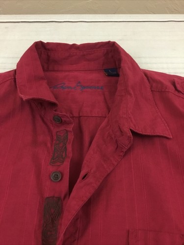 Reyn Spooner Button Up Tiki Shirt Cotton Tencel Hawaiian Tropical Striped Red Lg - Picture 8 of 12