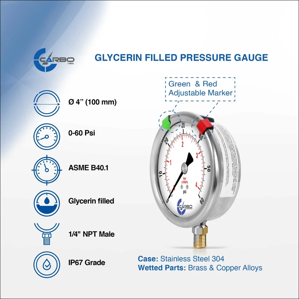 4" Pressure Gauge, Stainless Steel Case, Liquid Filled, Lower Mnt 60 PSI - Image 2 of 4